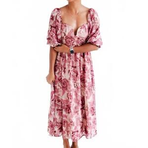 NEW WILDFLOWER women's floral textured jacquared midi dress in beige